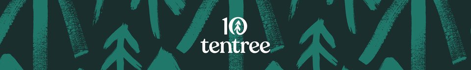 Pictures of green trees on the background with the Tentree brand logo in the middle.